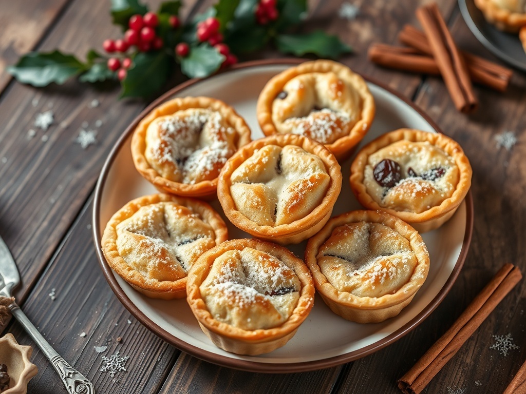 A plate of golden brown mince pies dusted with icing sugar, surrounded by festive decorations.
